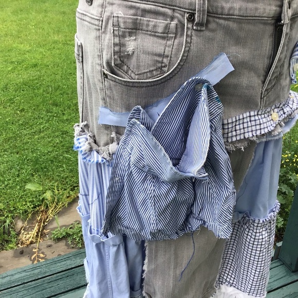 Boho up-cycled tiered patchwork jean mens shirts white eyelet  maxi skirt M/L - Picture 5 of 9